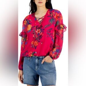 INC Fuscia Floral Top Size Small